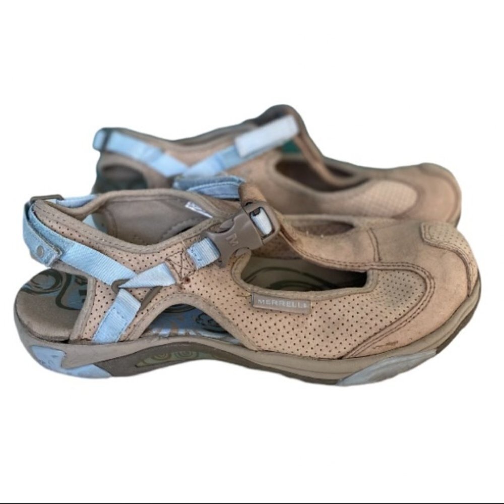 WOMENS MERRELL Size 7 Siren Cassia Beige Suede Leather T Strap Style Sandals